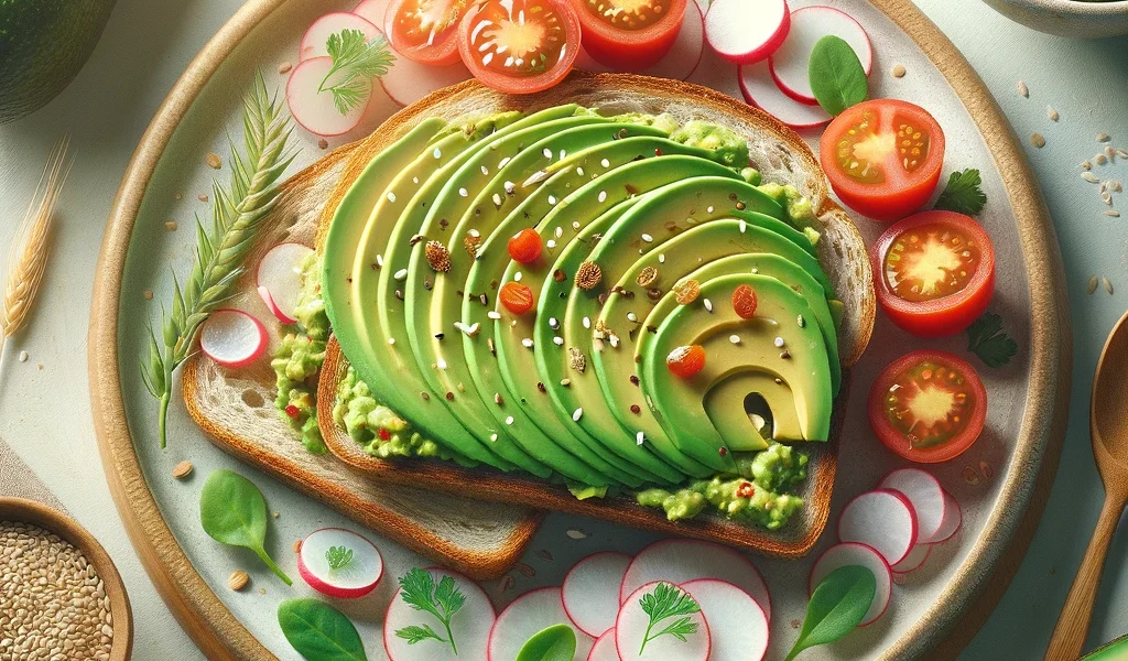 Delicious vegan avocado toast topped with sliced radishes, microgreens, and a sprinkle of sesame seeds on a rustic wooden background.