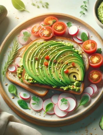 Delicious vegan avocado toast topped with sliced radishes, microgreens, and a sprinkle of sesame seeds on a rustic wooden background.