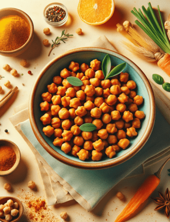 Crunchy Spicy Chickpeas in a bowl with a sprinkle of herbs.
