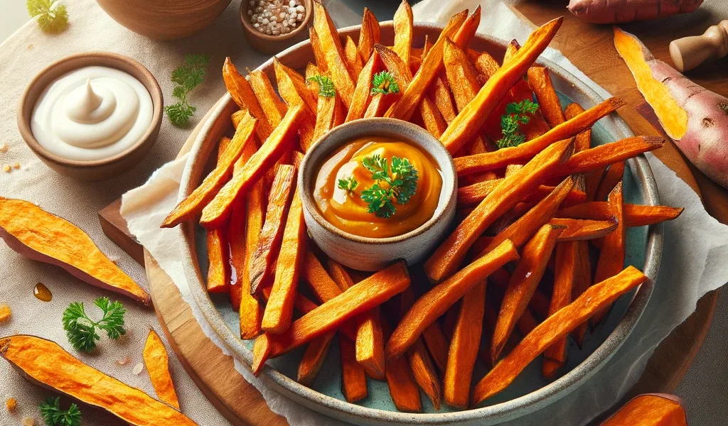 Crispy baked sweet potato fries seasoned with a light sprinkle of salt and herbs on a rustic serving plate.