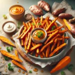 Crispy baked sweet potato fries seasoned with a light sprinkle of salt and herbs on a rustic serving plate.