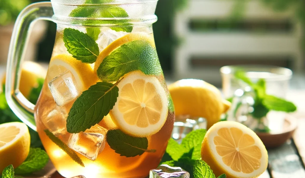 Refreshing homemade ice tea with lemon and mint in a rustic setting.