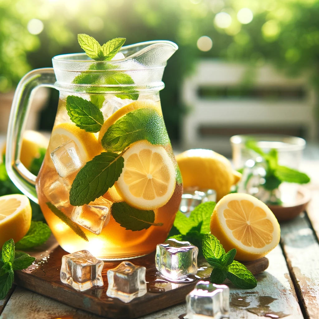 Refreshing homemade ice tea with lemon and mint in a rustic setting.