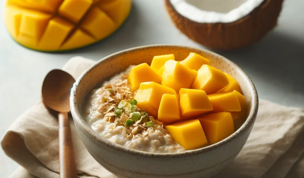 Mango Coconut Overnight Oats in a glass jar on a rustic wooden surface.