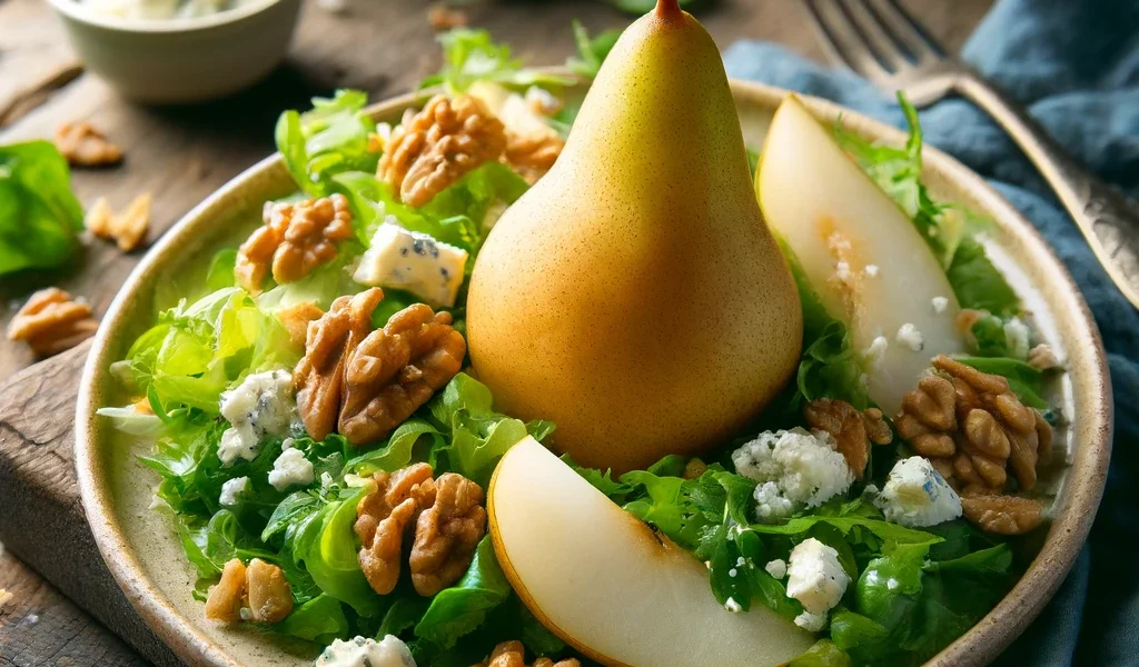 Fresh Pear and Gorgonzola Salad with Candied Walnuts on a rustic wooden table