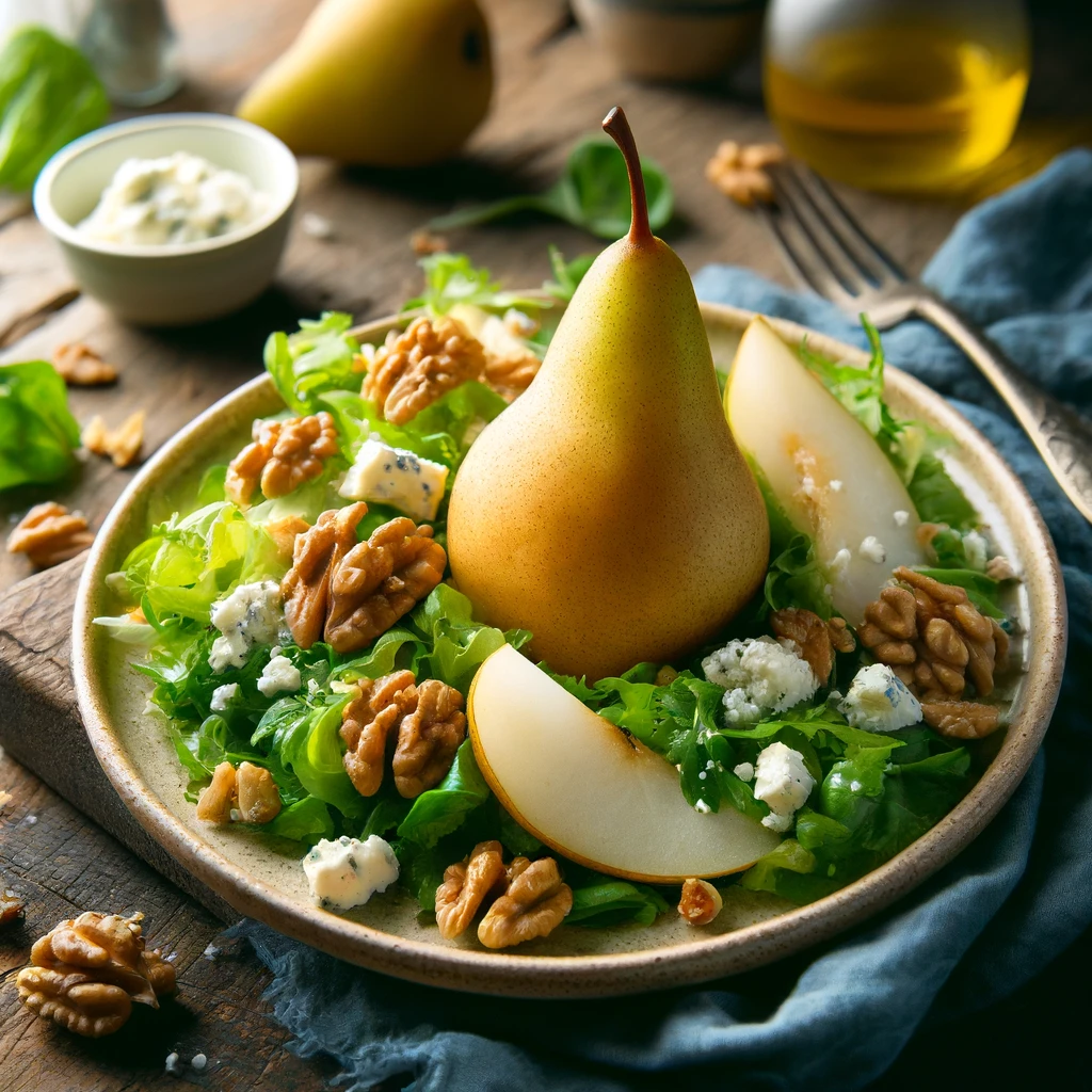 Fresh Pear and Gorgonzola Salad with Candied Walnuts on a rustic wooden table