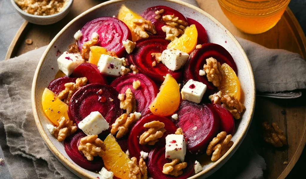 Rustic Roasted Beet and Feta Cheese Salad with Orange Vinaigrette on a wooden surface.