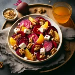 Rustic Roasted Beet and Feta Cheese Salad with Orange Vinaigrette on a wooden surface.