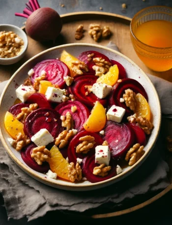 Rustic Roasted Beet and Feta Cheese Salad with Orange Vinaigrette on a wooden surface.