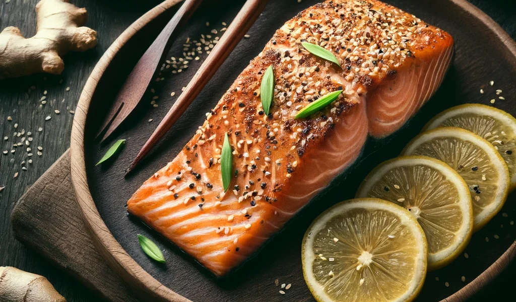 Freshly prepared sesame ginger baked salmon on a wooden board.