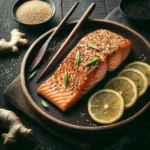 Freshly prepared sesame ginger baked salmon on a wooden board.