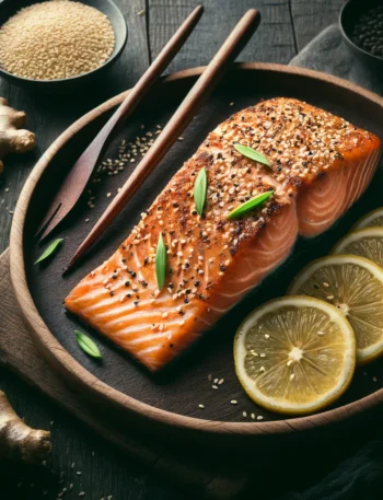 Freshly prepared sesame ginger baked salmon on a wooden board.