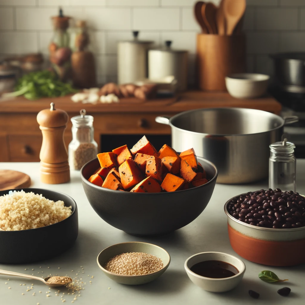 Simplified preparation for a Spicy Sweet Potato Quinoa Bowl