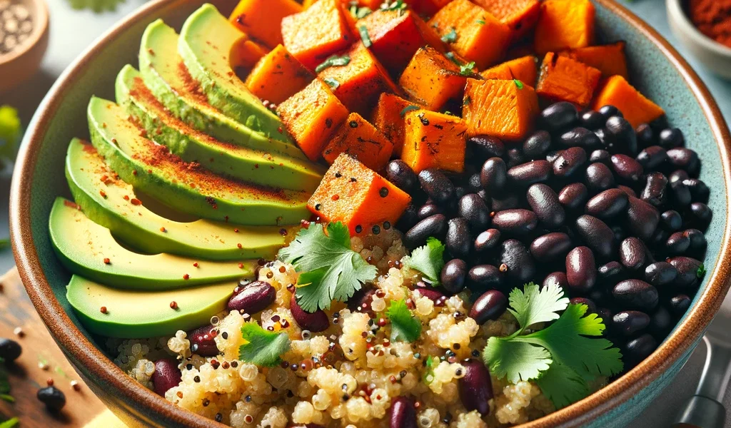 Colorful Spicy Sweet Potato & Black Bean Quinoa Bowl with avocado and cilantro