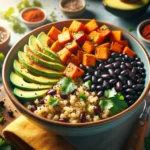 Colorful Spicy Sweet Potato & Black Bean Quinoa Bowl with avocado and cilantro