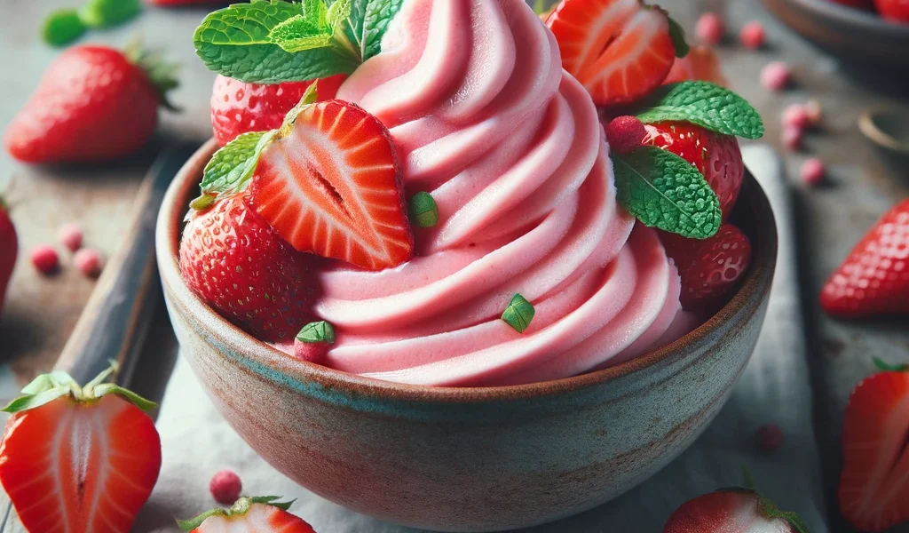 Fresh strawberry frozen yogurt in a rustic setting, garnished with fresh strawberries and mint.