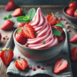 Fresh strawberry frozen yogurt in a rustic setting, garnished with fresh strawberries and mint.