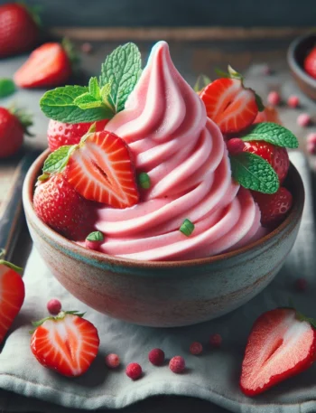 Fresh strawberry frozen yogurt in a rustic setting, garnished with fresh strawberries and mint.