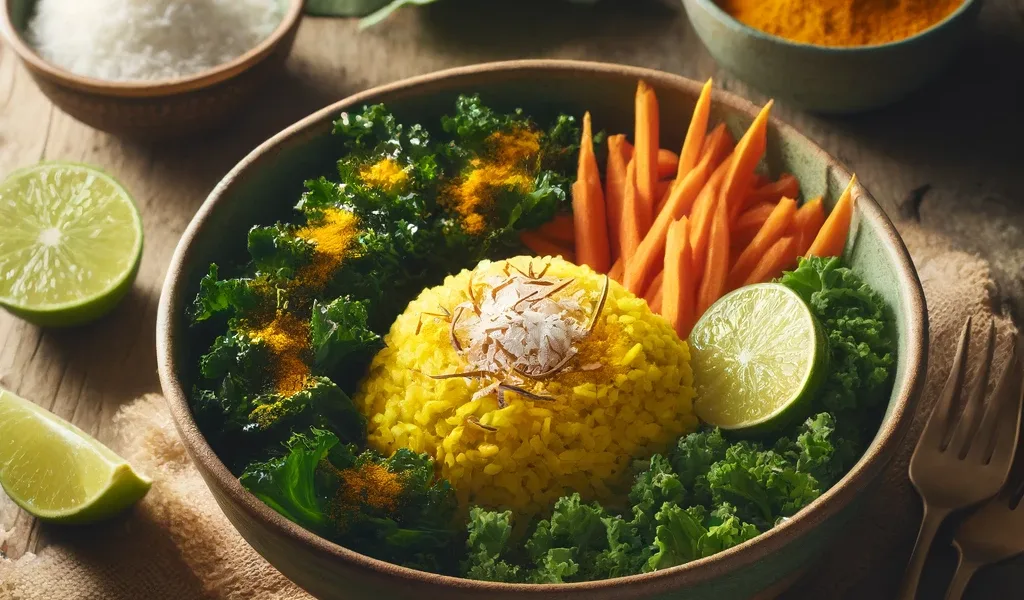 Turmeric Coconut Rice Bowl topped with sautéed kale, carrots, and toasted coconut flakes.