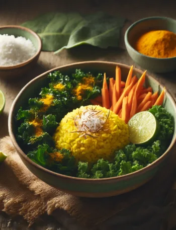 Turmeric Coconut Rice Bowl topped with sautéed kale, carrots, and toasted coconut flakes.