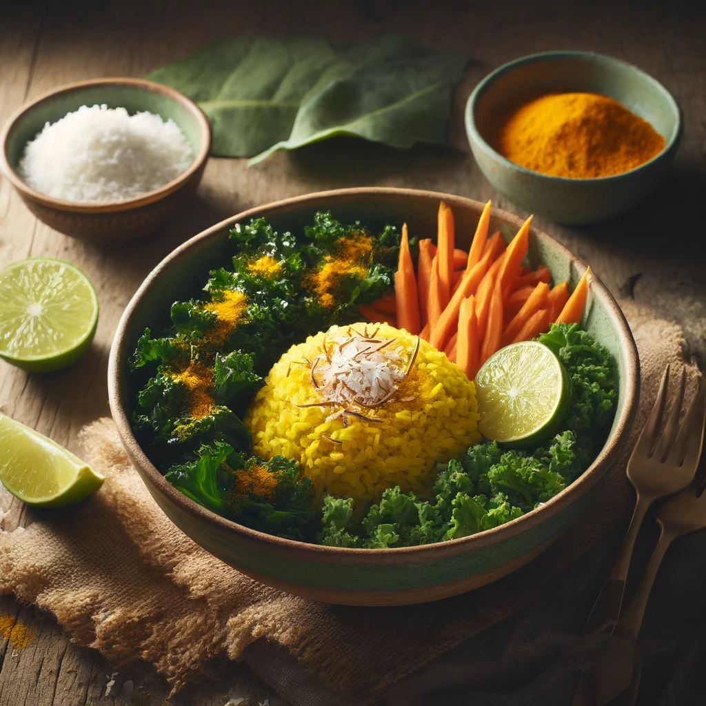 Turmeric Coconut Rice Bowl topped with sautéed kale, carrots, and toasted coconut flakes.