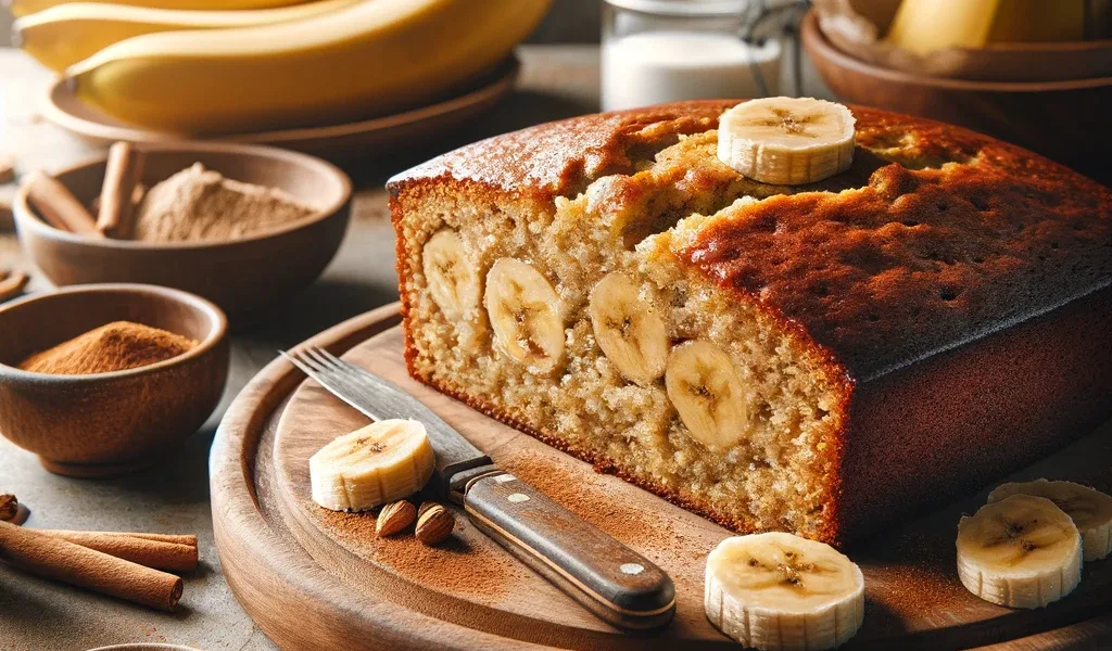 Rustic slice of Healthy Banana Cake with natural banana topping