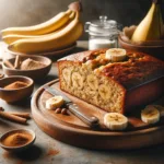 Rustic slice of Healthy Banana Cake with natural banana topping