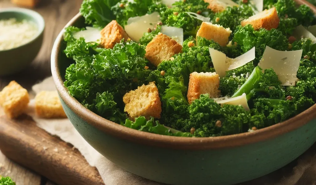 Fresh Kale Caesar Salad with Whole-Grain Croutons and Parmesan Caption: Elevate Your Salad Game with Our Kale Caesar Salad