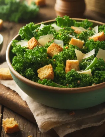 Fresh Kale Caesar Salad with Whole-Grain Croutons and Parmesan Caption: Elevate Your Salad Game with Our Kale Caesar Salad