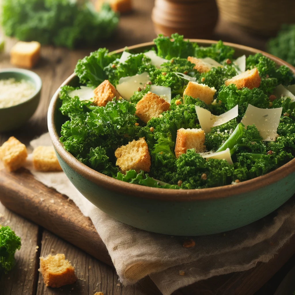 Fresh Kale Caesar Salad with Whole-Grain Croutons and Parmesan Caption: Elevate Your Salad Game with Our Kale Caesar Salad