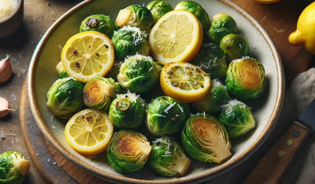 Photo-realistic serving of roasted Brussels sprouts with lemon slices and Parmesan, on a rustic wooden table.