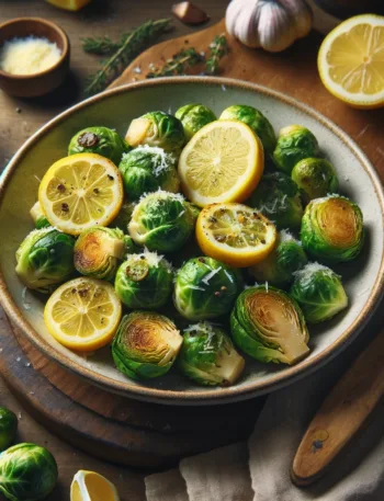 Photo-realistic serving of roasted Brussels sprouts with lemon slices and Parmesan, on a rustic wooden table.