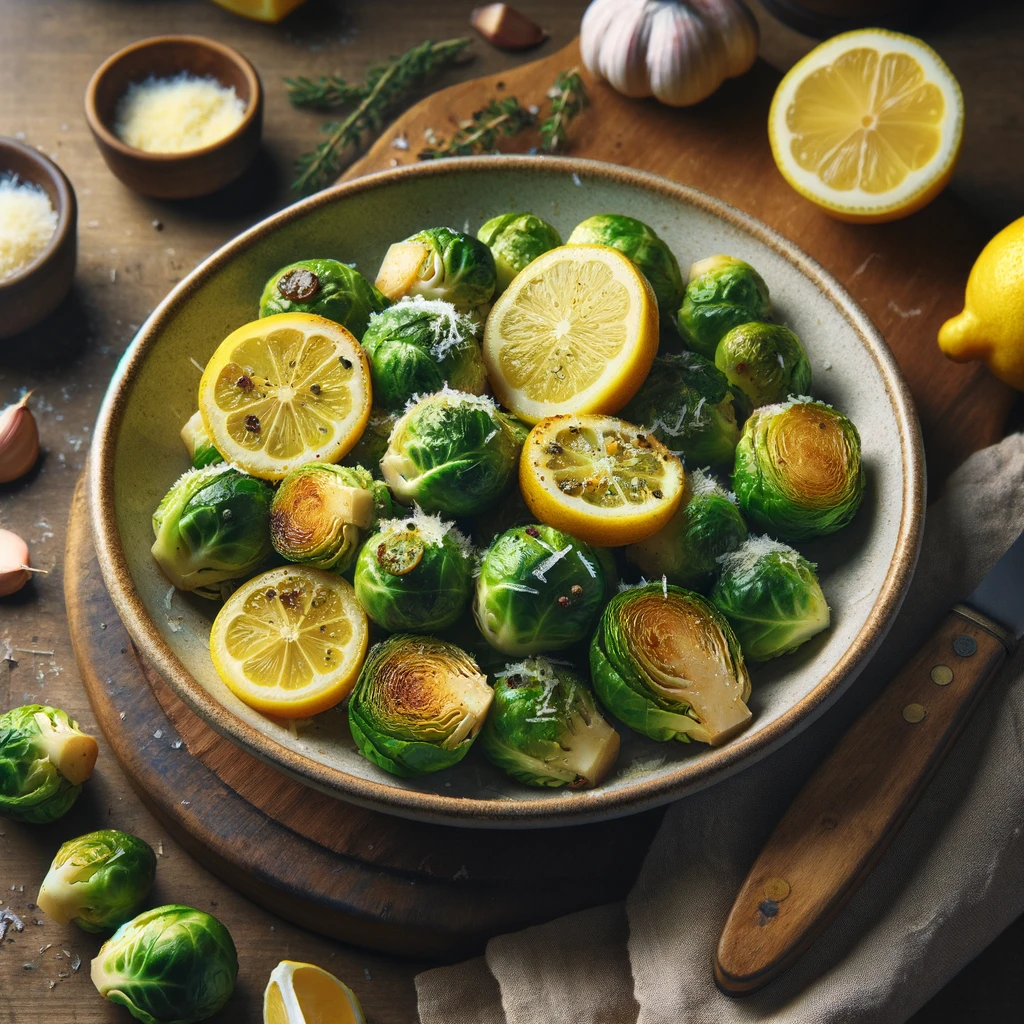 Photo-realistic serving of roasted Brussels sprouts with lemon slices and Parmesan, on a rustic wooden table.