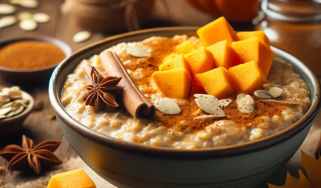 Realistic bowl of Pumpkin Spice Overnight Oats garnished with cinnamon and pumpkin slices.