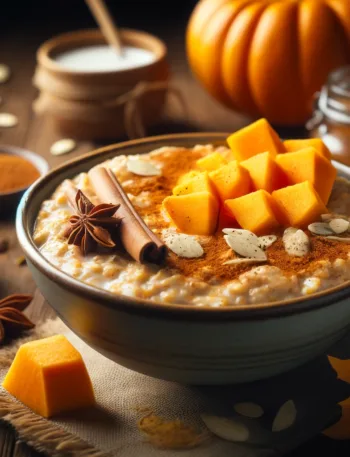 Realistic bowl of Pumpkin Spice Overnight Oats garnished with cinnamon and pumpkin slices.