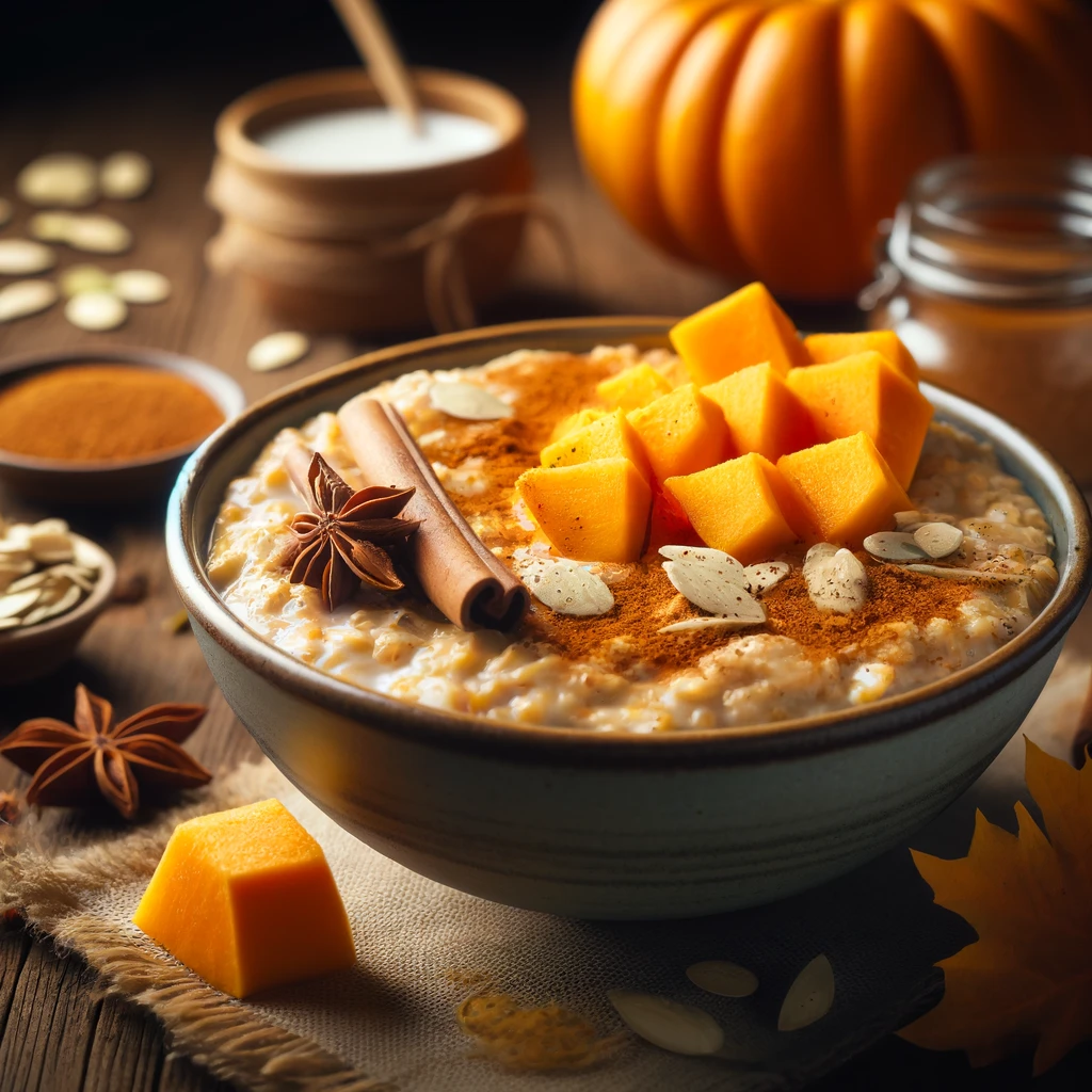 Realistic bowl of Pumpkin Spice Overnight Oats garnished with cinnamon and pumpkin slices.