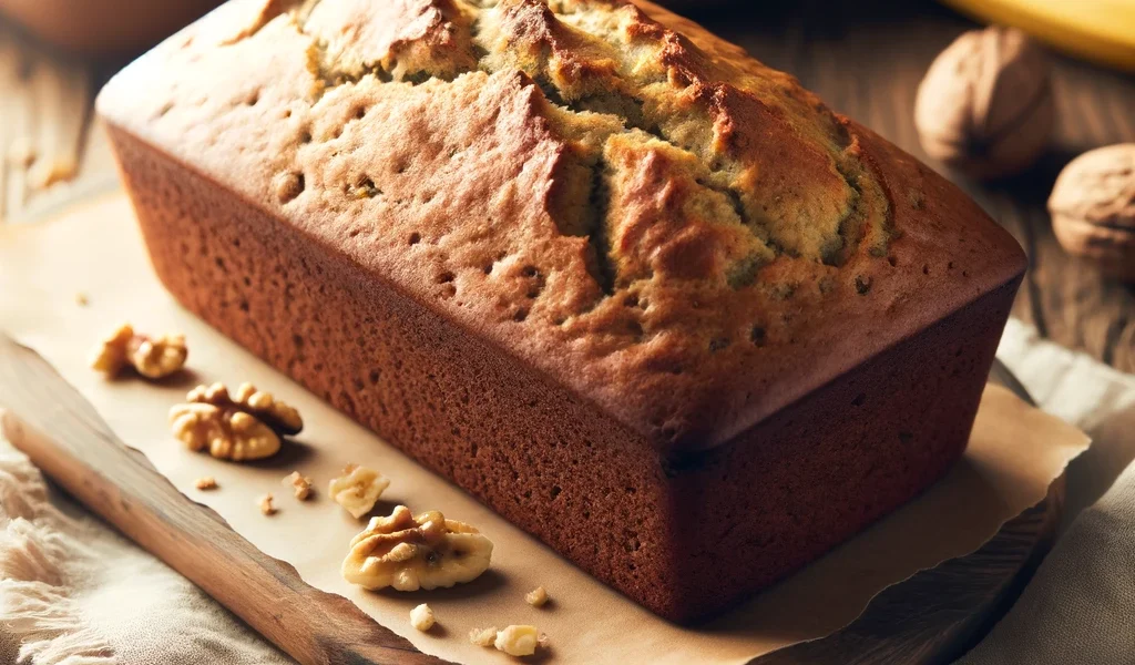 Rustic homemade vegan banana bread on a wooden cutting board, freshly baked and surrounded by bananas and walnuts.