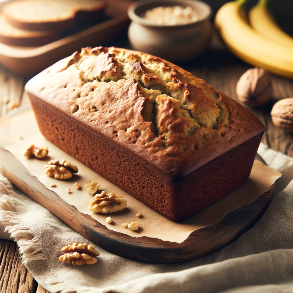 Rustic homemade vegan banana bread on a wooden cutting board, freshly baked and surrounded by bananas and walnuts.