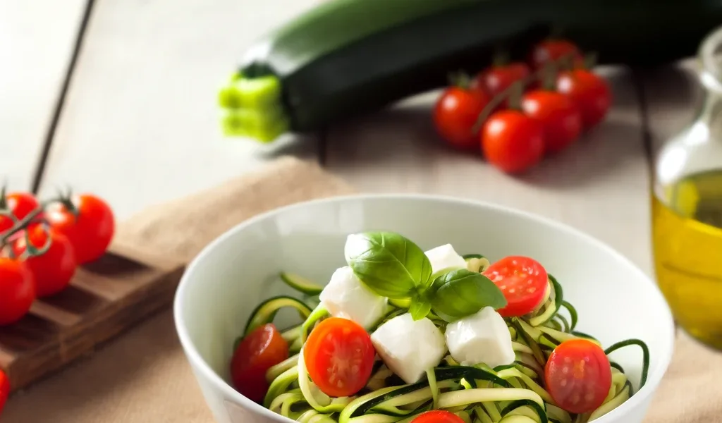 Fresh Zucchini Noodle Caprese Salad on a rustic wooden table.