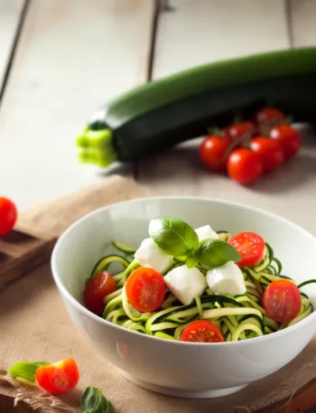 Fresh Zucchini Noodle Caprese Salad on a rustic wooden table.