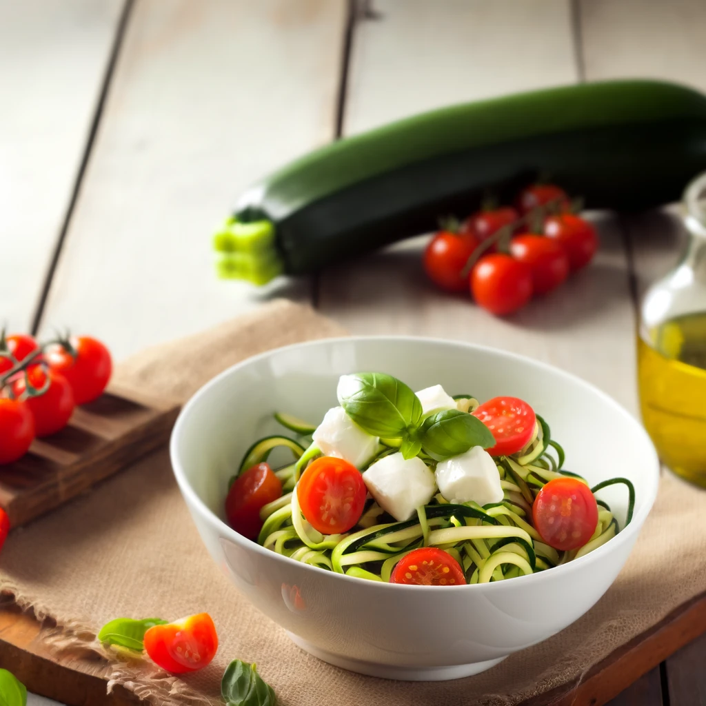 Fresh Zucchini Noodle Caprese Salad on a rustic wooden table.