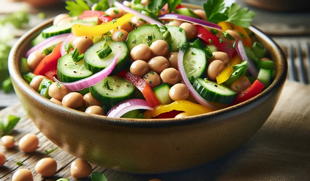 Close-up of a fresh Soybean Salad in a ceramic bowl on a rustic wooden table, featuring crisp cucumbers, bell peppers, red onions, and parsley, enhancing the natural appeal.