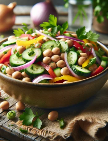 Close-up of a fresh Soybean Salad in a ceramic bowl on a rustic wooden table, featuring crisp cucumbers, bell peppers, red onions, and parsley, enhancing the natural appeal.