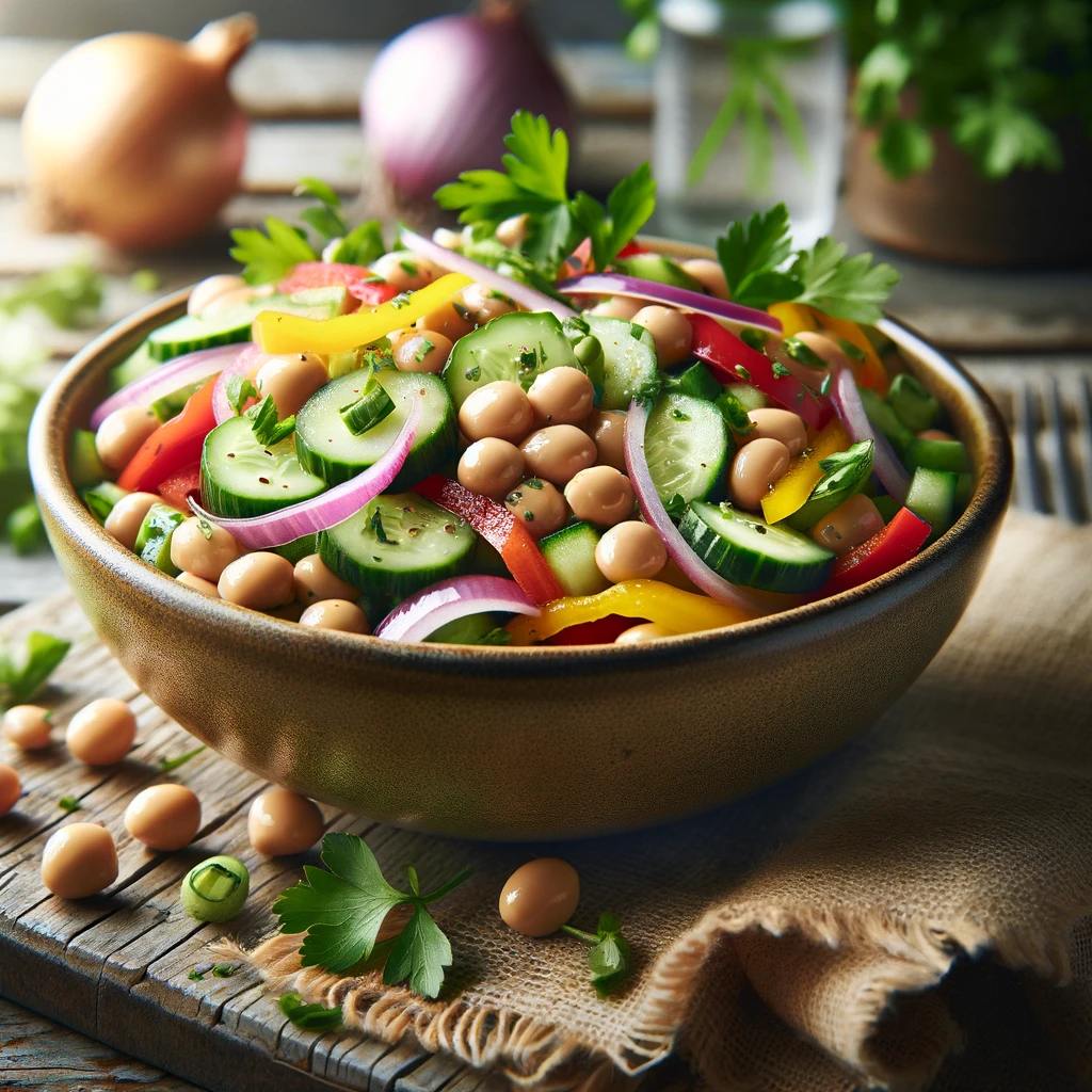 Close-up of a fresh Soybean Salad in a ceramic bowl on a rustic wooden table, featuring crisp cucumbers, bell peppers, red onions, and parsley, enhancing the natural appeal.