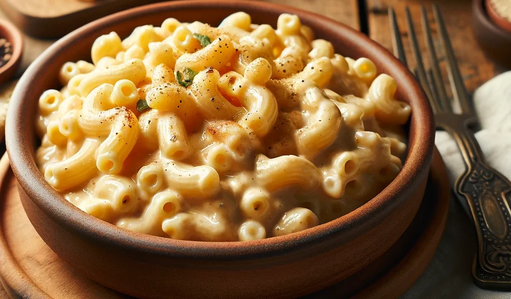 Vegan mac and cheese served in a rustic kitchen setting, highlighting the creamy texture and natural appeal of this healthy dish.