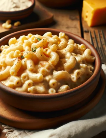 Vegan mac and cheese served in a rustic kitchen setting, highlighting the creamy texture and natural appeal of this healthy dish.