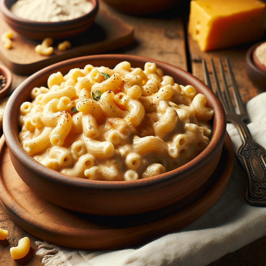Vegan mac and cheese served in a rustic kitchen setting, highlighting the creamy texture and natural appeal of this healthy dish.