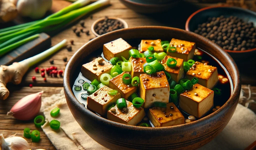 In-progress cooking of Vegan Mapo Tofu in a pan, featuring key ingredients like chili bean paste, garlic, and ginger, in a simple kitchen setting.