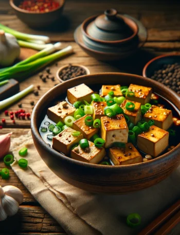 In-progress cooking of Vegan Mapo Tofu in a pan, featuring key ingredients like chili bean paste, garlic, and ginger, in a simple kitchen setting.