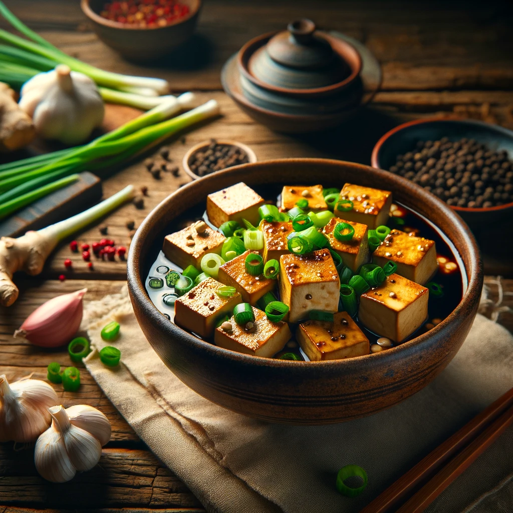 In-progress cooking of Vegan Mapo Tofu in a pan, featuring key ingredients like chili bean paste, garlic, and ginger, in a simple kitchen setting.